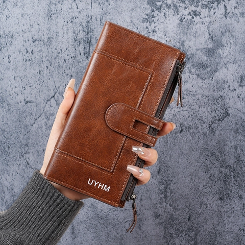 Portafoglio Lungo Donna Pelle PU Molti Scomparti Carte Cerniera Chiusura Scatto Grande Capacità Moda Vintage Borsa Cellulare