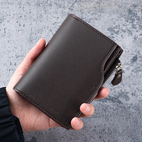 Cartera Hombre Corta Ranuras Tarjetas Cremallera Cuero PVC Tri-Fold Negocios Casual