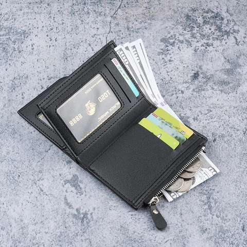Cartera Hombre Corta Ranuras Tarjetas Cremallera Cuero PVC Tri-Fold Negocios Casual