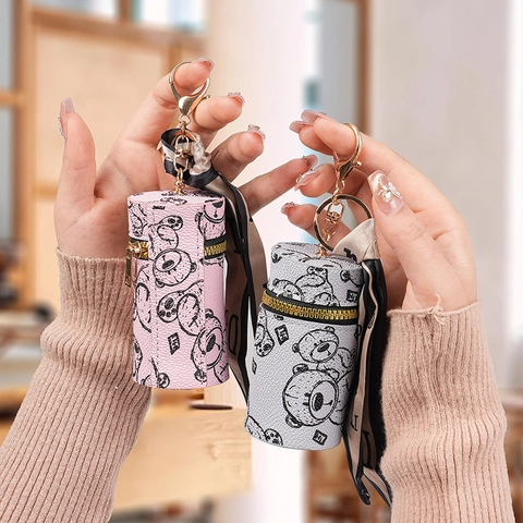 Mini Lipstick Storage Bag Keychain PU Leather Cartoon Bear Print Cylindrical Coin Purse With Decorative Satin Scarf Pendant