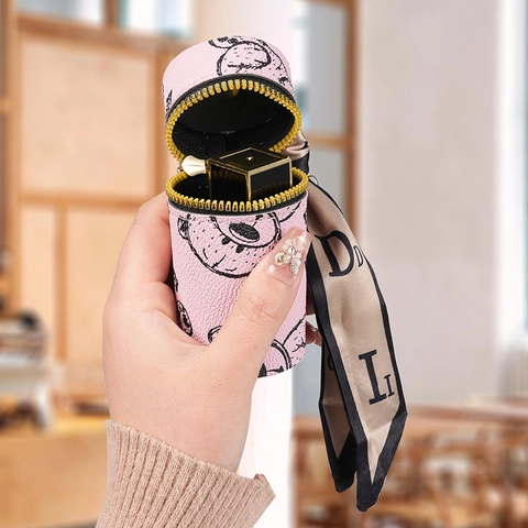 Mini Lipstick Storage Bag Keychain PU Leather Cartoon Bear Print Cylindrical Coin Purse With Decorative Satin Scarf Pendant