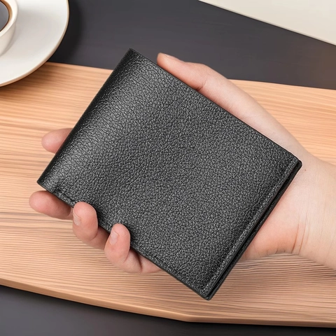 Portefeuille Homme Bifold Court En Cuir PU Texture Litchi Emplacements Cartes Grande Capacité Style Business