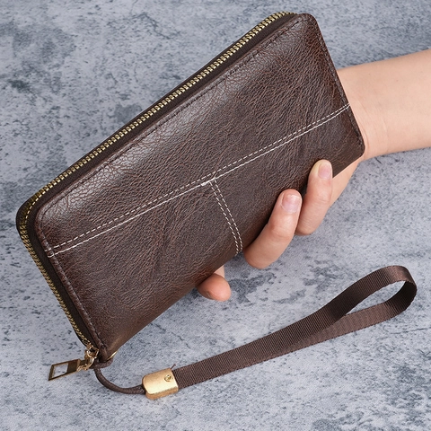 Heren Lange Rits Portemonnee PU-leer Grote Capaciteit Kaarthouder Met Polsband Contraststiksels Zakelijk Casual Clutch
