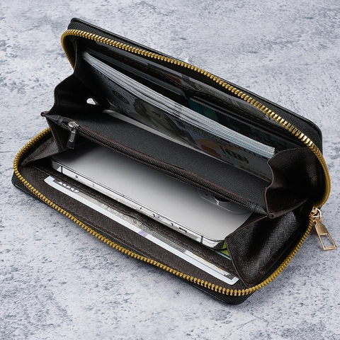Heren Lange Rits Portemonnee PU-leer Grote Capaciteit Kaarthouder Met Polsband Contraststiksels Zakelijk Casual Clutch