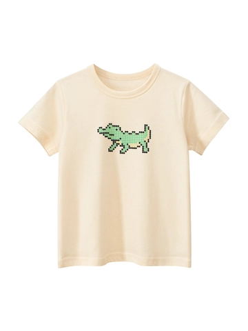 Boys Summer 100% Cotton Short Sleeve T-Shirt Pixel Crocodile Printed Casual Comfortable Round Neck Top For Kids