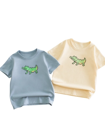 Boys Summer 100% Cotton Short Sleeve T-Shirt Pixel Crocodile Printed Casual Comfortable Round Neck Top For Kids