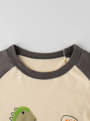 Boys Raglan T-Shirt Cotton Short Sleeve Round Neck Cartoon Dinosaur Lion Print Casual Summer Contrast Color Tee