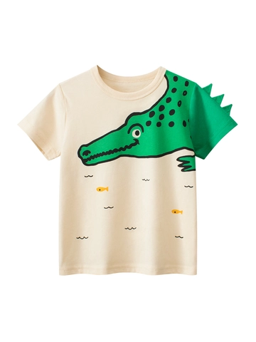 Jongens Katoenen T-Shirt Met Korte Mouwen Cartoon Krokodil Dinosaurus 3D Vin Decor Ronde Hals Zomer Top