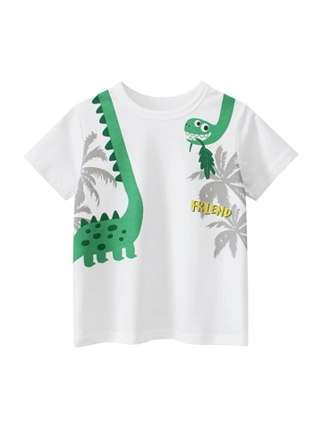 Kids Boys Summer Short Sleeve Cotton T-Shirt Cute Cartoon Dinosaur Print Off-White Round Neck Casual Fashion Top
