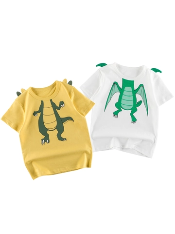Boys Cartoon Dinosaur T Shirt Pure Cotton Short Sleeve Round Neck Cute Tops With Dimensional Fin Decorations For Summer