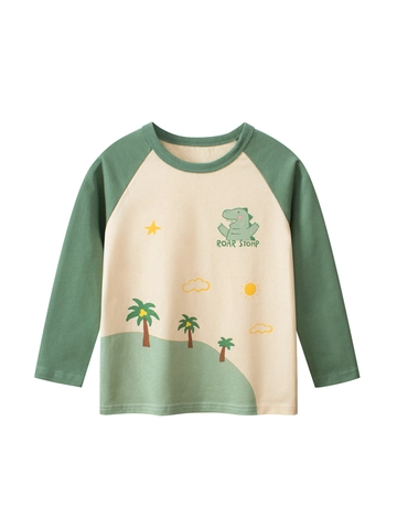 Jongens T-shirt Met Lange Mouwen Puur Katoen Raglan Ronde Hals Cartoon Dinosaurus Print Casual Lente Herfst Tops