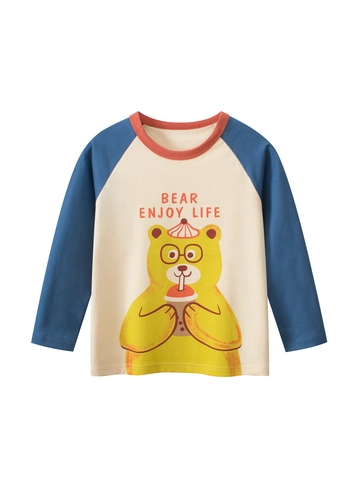 Boys Casual 100% Cotton Long Sleeve T-Shirt With Raglan Sleeves Cartoon Bear Enjoy Life Print Round Neck Kids Top