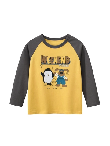 Camiseta De Manga Larga Para Niño Algodón Raglán Color En Contraste Estampado Animal Dibujos Animados Cuello Redondo