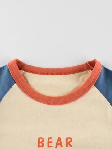 Boys Casual 100% Cotton Long Sleeve T-Shirt With Raglan Sleeves Cartoon Bear Enjoy Life Print Round Neck Kids Top