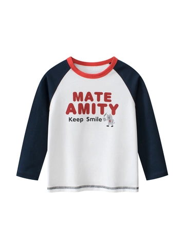 Camiseta de Manga Larga Raglán para Niños 100% Algodón Color de Contraste Cuello Redondo Impresión de Dibujos Animados Top Casual