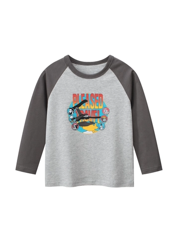 Boys Cotton Raglan Long Sleeve T-Shirt Cartoon Animal Letter Print Round Neck Casual Sports Base Layer Top