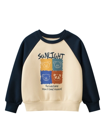 Felpa Pullover Per Bambini Ragazzi Misto Cotone Foderata In Pile Manica Raglan Stampa Orso Cartone Animato Girocollo Casual Autunno Inverno