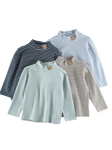 Gestreept T-shirt Met Lange Mouwen Voor Jongens Katoenmix Mock Neck Beer Borduurwerk Casual Herfst Basislaag Kinderkleding