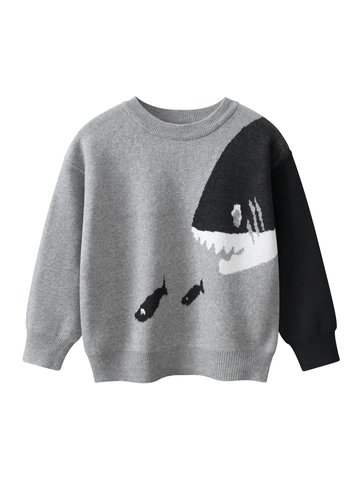 Boys Cotton Cartoon Shark Knit Sweater Korean Style Color Block Round Neck Long Sleeve Pullover Autumn Winter Kids Warm Top