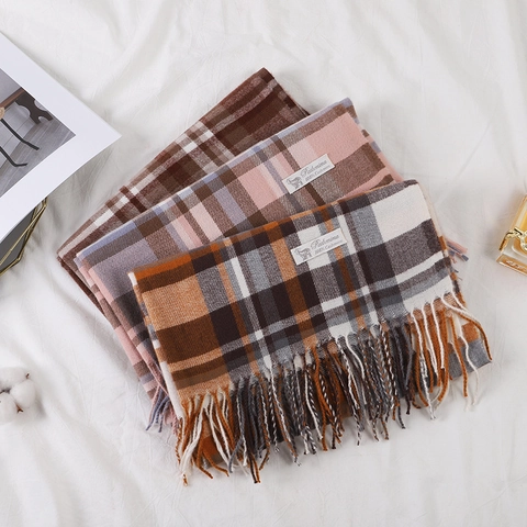 British Style Plaid Tassel Scarf For Women Winter Thick Warm Faux Cashmere Shawl Retro Gingham Pashmina Wrap Large Soft Scarf
