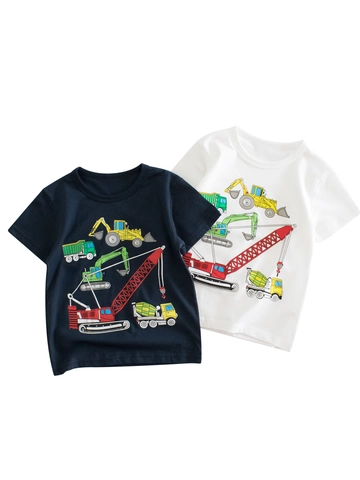 Boys 100% Cotton Short Sleeve T-Shirt Cartoon Construction Vehicle Excavator Printed Round Neck Summer Casual Kids Top