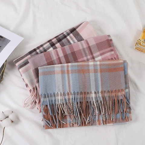 British Style Plaid Tassel Scarf For Women Winter Thick Warm Faux Cashmere Shawl Retro Gingham Pashmina Wrap Large Soft Scarf