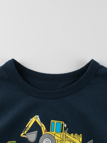 Boys 100% Cotton Short Sleeve T-Shirt Cartoon Construction Vehicle Excavator Printed Round Neck Summer Casual Kids Top