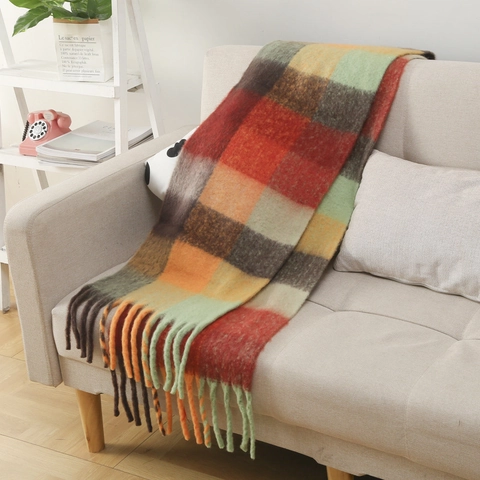 Bufanda Cálida De Invierno Para Mujer Estilo Mohair Gruesa Suave Estilo Cachemira A Cuadros Bloques De Color Chal Con Borlas Largas
