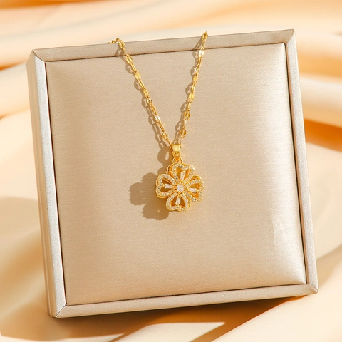Collana Con Ciondolo A Quadrifoglio Rotante Acciaio Inossidabile Zircone Incrostato Rotazione A 360 Gradi Gioielli Fortuna Donna