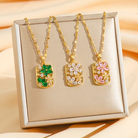 Floral Pendant Necklace Stainless Steel 18K Gold Plated Rectangular Hollow Zircon Jewelry For Women Elegant Gift