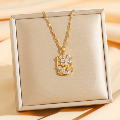 Floral Pendant Necklace Stainless Steel 18K Gold Plated Rectangular Hollow Zircon Jewelry For Women Elegant Gift