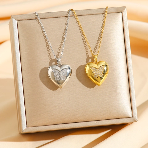 Collar De Relicario De Corazón Acero Inoxidable Mariposa Circonita Colgante De Foto Mujer Cadena De Clavícula