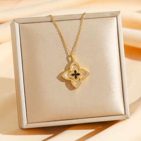 Collier Pendentif Trèfle À Quatre Feuilles Acier Inoxydable Avec Coquille Strass Double Face Élégante Chaîne De Clavicule