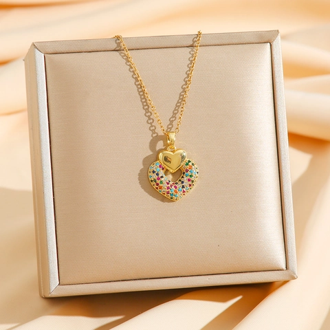 Titanium Steel Heart Pendant Necklace Luxury Rhinestone Double Layer Zircon Clavicle Chain Jewelry For Women
