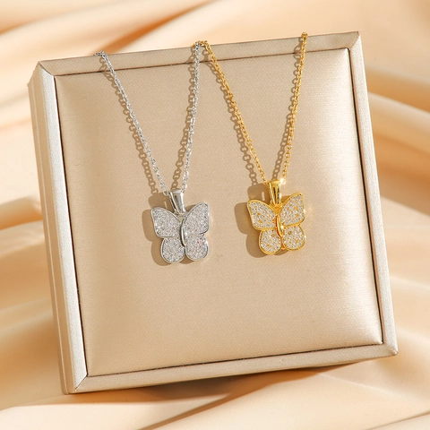 Collar Colgante Mariposa Acero Titanio Circón Corazón Cadena Clavícula Joyas Moda Mujer
