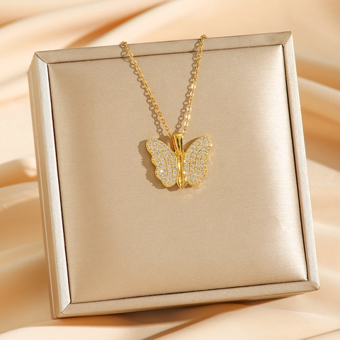 Butterfly Pendant Necklace Stainless Steel Openable Wings Hidden Heart Rhinestone Inlaid Fashion Jewelry For Women