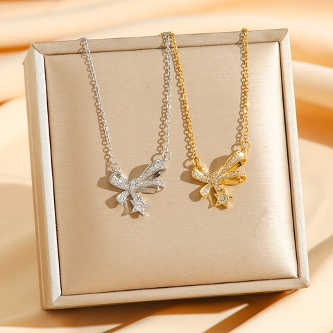 Collana Con Pendente A Fiocco Con Zirconi Acciaio Inossidabile Placcato Oro Stella Meteora Catena Clavicicola Per Donna