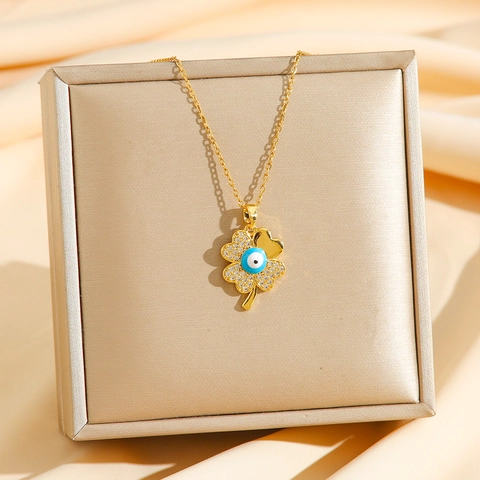 Four Leaf Clover Pendant Necklace Titanium Steel Evil Eye Zircon Inlaid Lucky Charm Fashion Clavicle Chain For Women