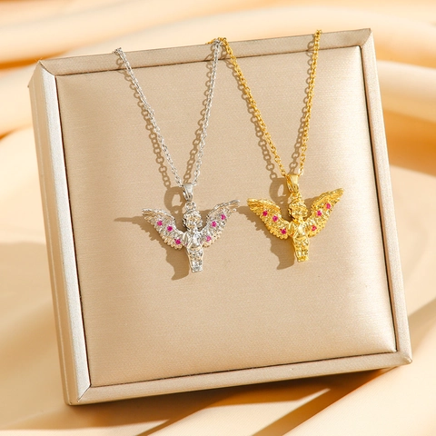 Collana Con Ciondolo Angelo Cupido Acciaio Al Titanio Strass Intarsiato Retro Elegante Catena Di Clavicola Gioielli