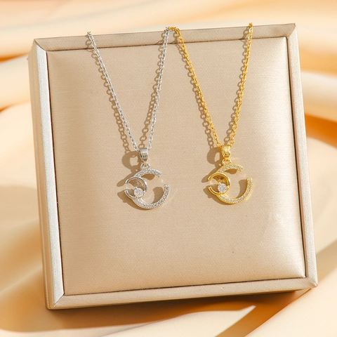 Collier Pendentif Lettre C En Acier Inoxydable Avec Zircon Élégant Bijoux De Mode Chaîne De Clavicule Pour Femmes