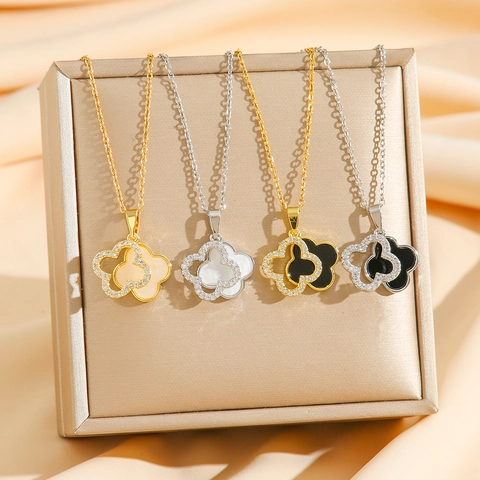 Double Layer Clover Pendant Necklace Stainless Steel Shell Rhinestone Elegant Fashion Neck Jewelry For Women