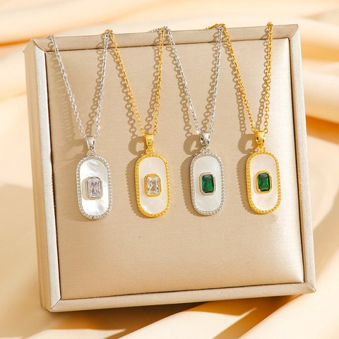 Elegant 18K Gold Plated Stainless Steel Shell Zircon Pendant Necklace Vintage Geometric Jewelry For Women