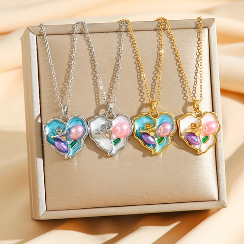 Collana Con Ciondolo A Cuore Di Tulipano Vintage Acciaio Inossidabile Smalto Stile Pittura Ad Olio Gioielli Floreali Per Donne