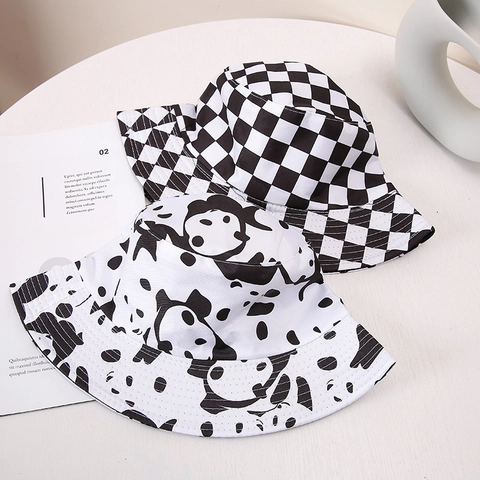 Checkerboard Zebra Houndstooth Panda Print Bucket Hat Sun Protection Polyester Summer Outdoor Unisex Fashion Basin Cap