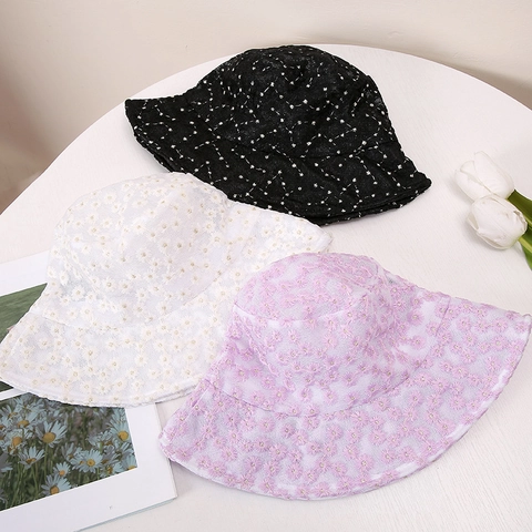 Japanese Style Daisy Embroidery Bucket Hat Women Summer Breathable Lace Mesh Sunshade Fisherman Cap Casual Sweet Floral Hat