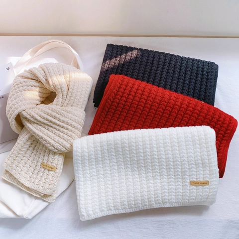 Solid Color Knit Scarf Thickened Warm Winter Long Acrylic Muffler With Handmade Leather Label For Women And Men