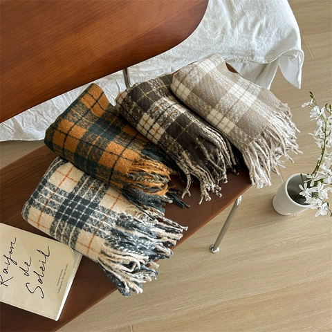 Winter Karierter Schal Weiches Kaschmirimitat Quasten Schal Warm Dick Retro Gestreift Lang Wickel Für Damen