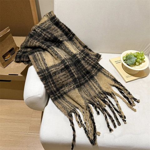 Sciarpa Invernale Donna retrò Quadri Nappa Lunga Spessa Calda Imitazione Mohair Cashmere Morbido Scialle Elegante