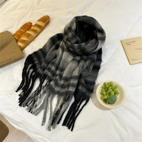 Bufanda De Cuadros Con Borlas Mujer Invierno Cálido Grueso Tacto Mohair Chal Extragrande Moda Patrón De Rejilla Calentador De Cuello
