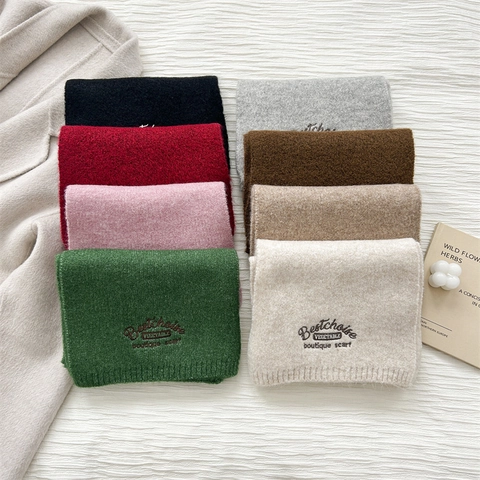 Knitted Scarf Wool Blend Warm Winter Embroidery Lettering Fashion Soft Neck Warmer Women